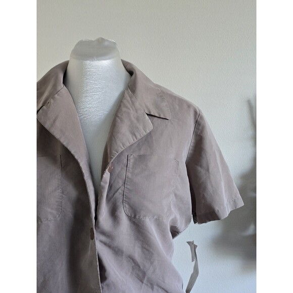 Anna Vintage 1970s 70s Rayon Tan Short Sleeve Fitted Button Up Shirt Blouse L - Picture 2 of 9